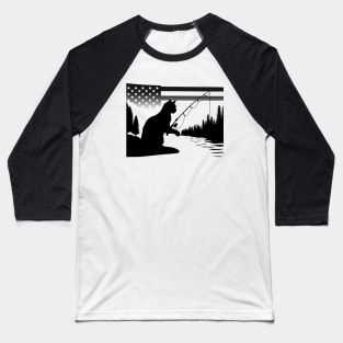 Patriotic American Flag Fishing 4th of July Silhouette Cat Baseball T-Shirt